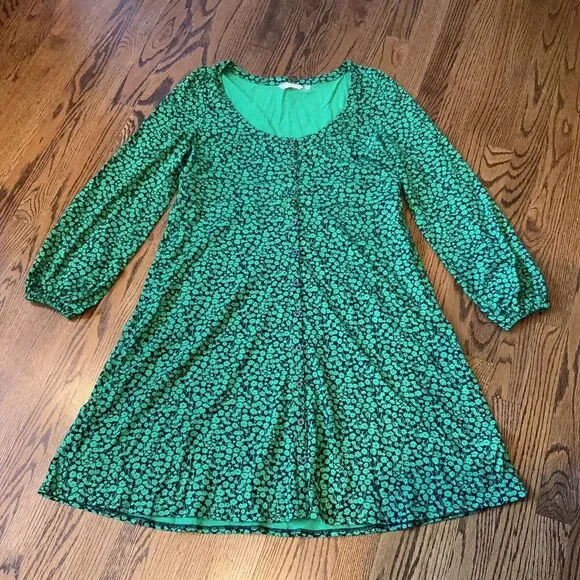 Boden Floral Dress Size 12 L Green Floral Jersey Short Balloon Sleeve Modal - Picture 1 of 9